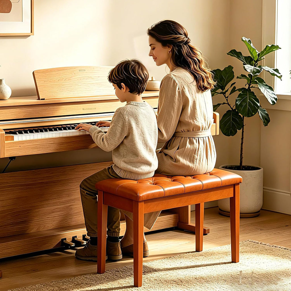 AODSK Solid Wood Duet Piano Bench with Storage, Double Keyboard Piano Benches Seat with PU Padded Cushion,Wooden Piano Stool Chair with Bookcase for Sheet Music Books, Brown & Black Optional