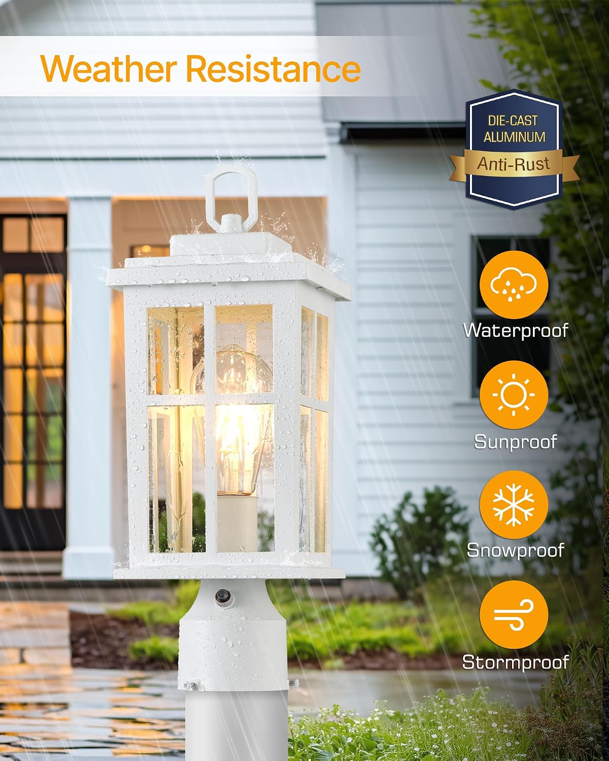 Dusk to Dawn Outdoor Post Lights, White Post Lights Outdoor with Pier Mount Base, Waterproof Lamp Posts Outdoor Lighting with Tempered Glass for Garden, Porch(Hardwired 120V, Not Solar)