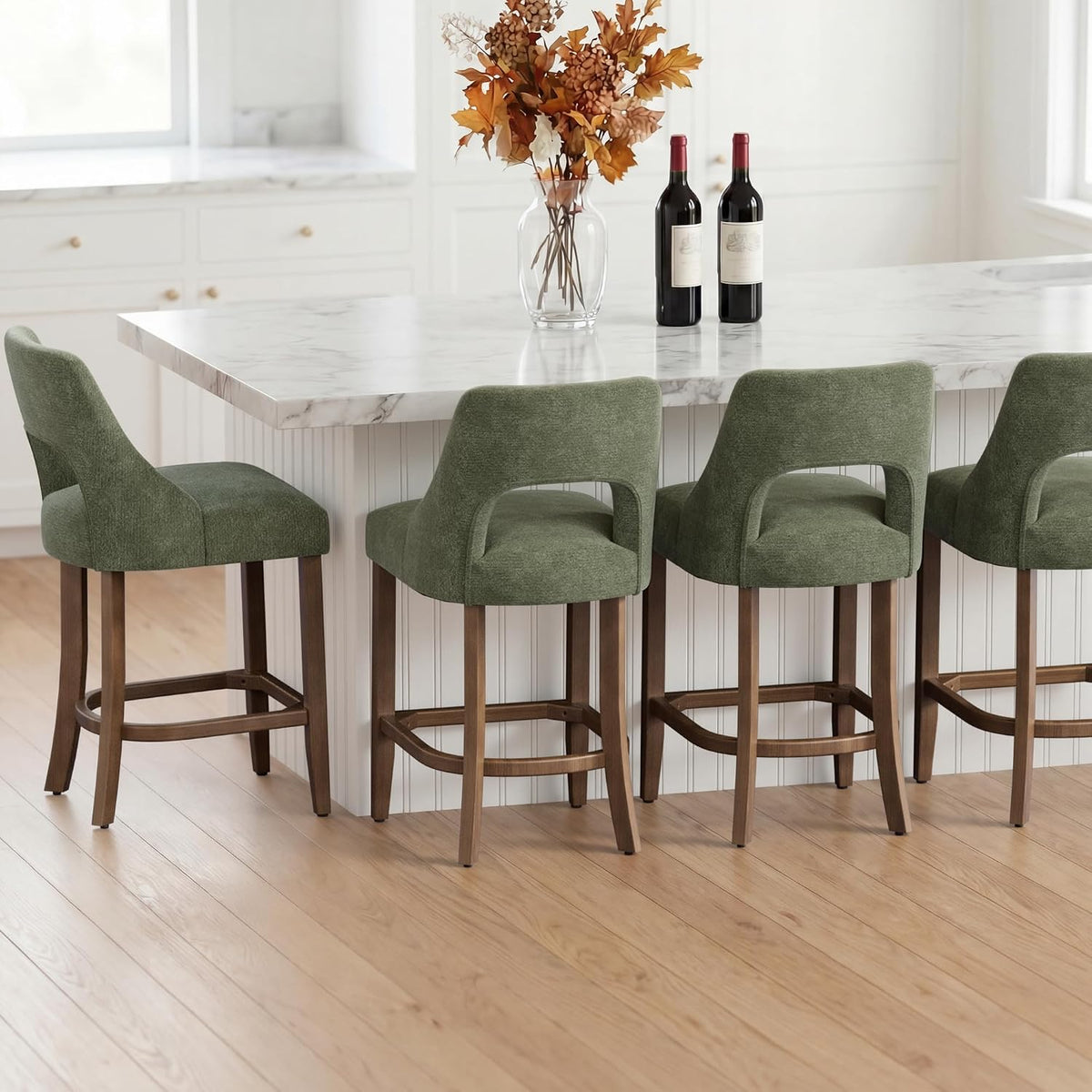 UVV Bar Stools Set of 2, Upholstered Counter Height Bar Stools, Modern Counter Stools with Wood Legs for Kitchen Island Dining Room Bar, Green