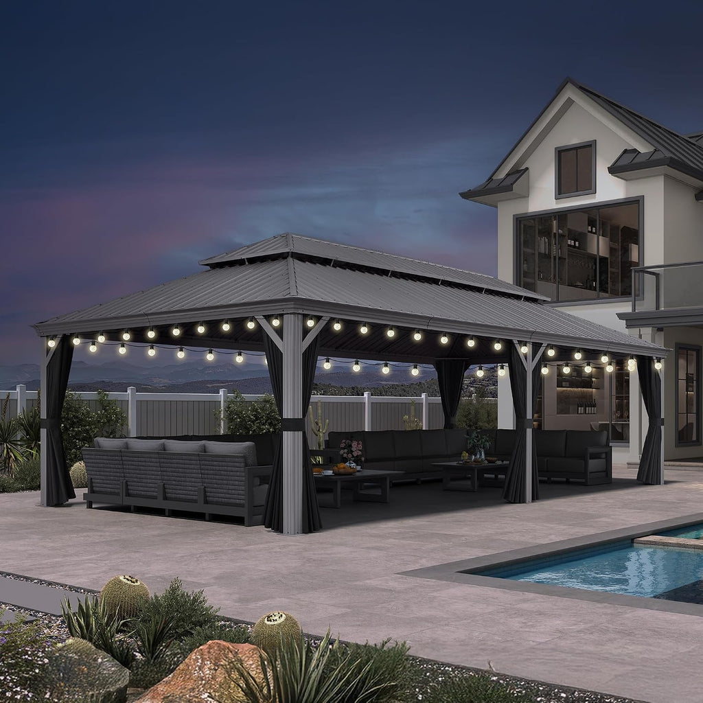 PURPLE LEAF Outdoor Gazebo 14' x 28' w/Lights & 4.7" Thick Post for Patio