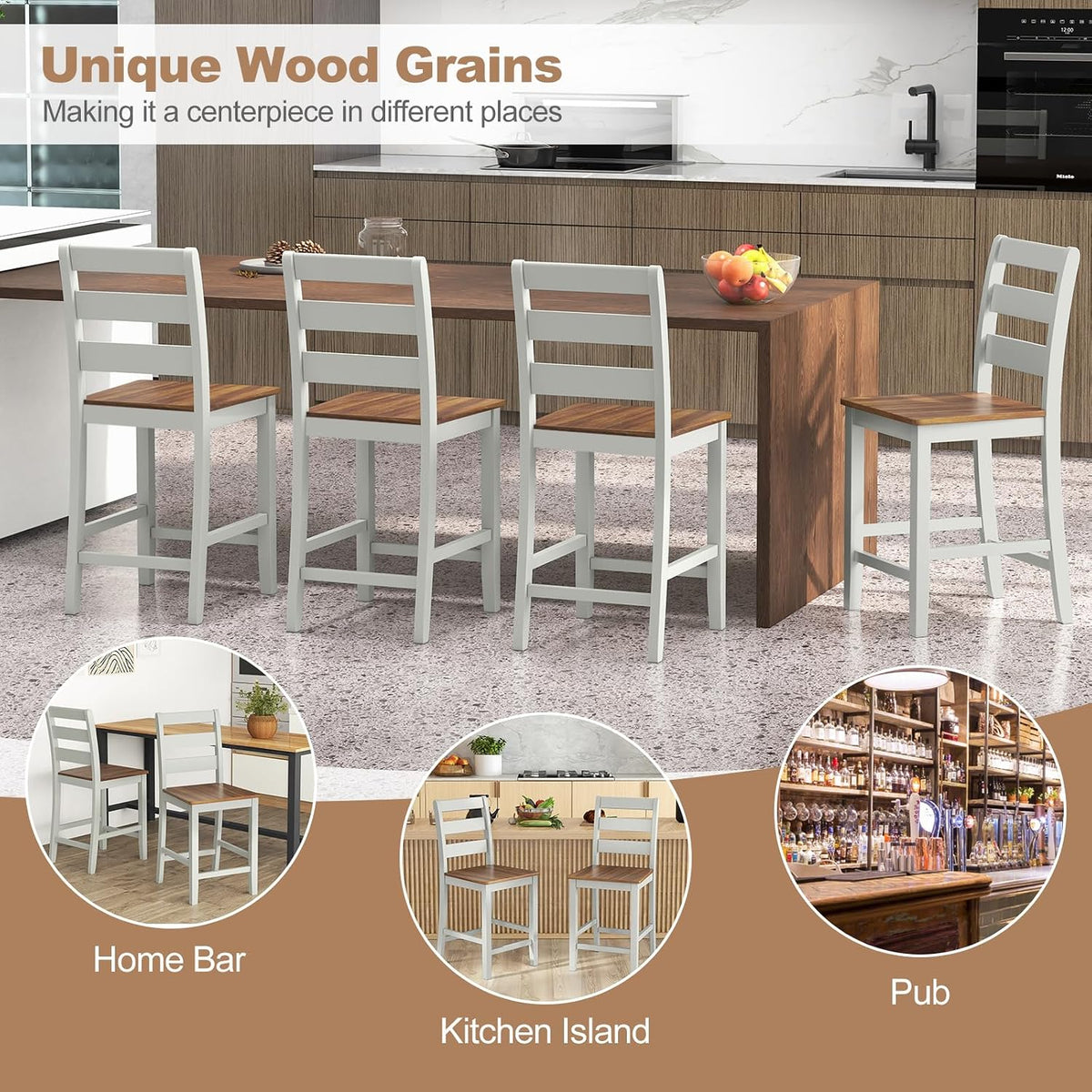 COSTWAY 24'' Wooden Counter Height Chairs Set of 2 with Ladder Back Support