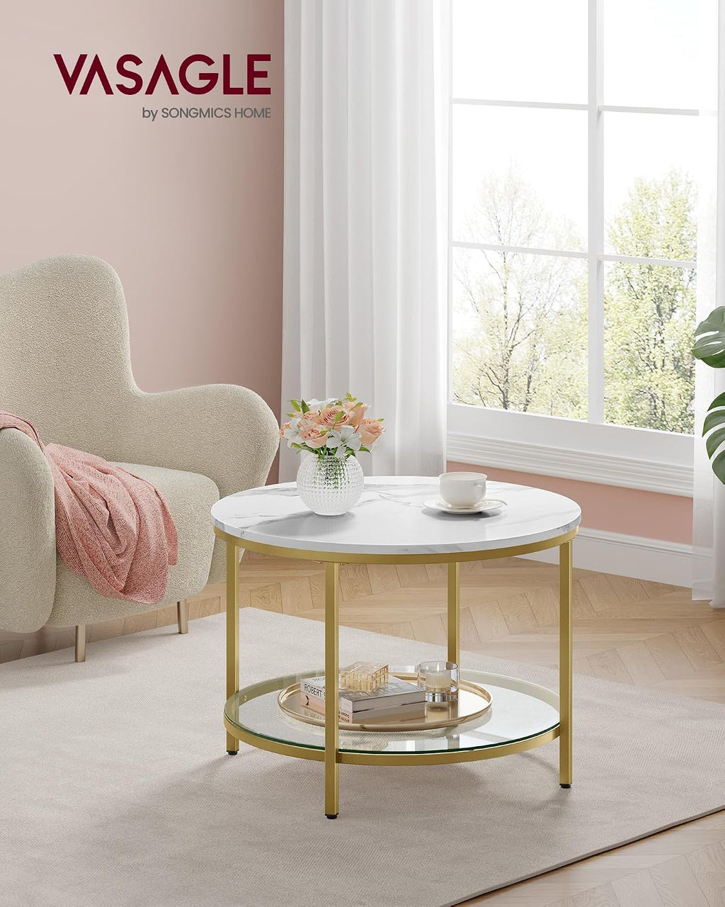VASAGLE Round Coffee Table, 2-Tier, Faux Marble Top, Glass Storage Shelf