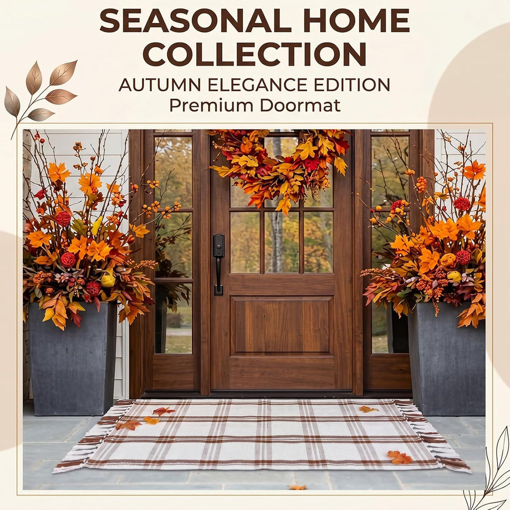 Breling Fall Outdoor Rug 28" x 43" Beige Plaid Door Mat with Tassels