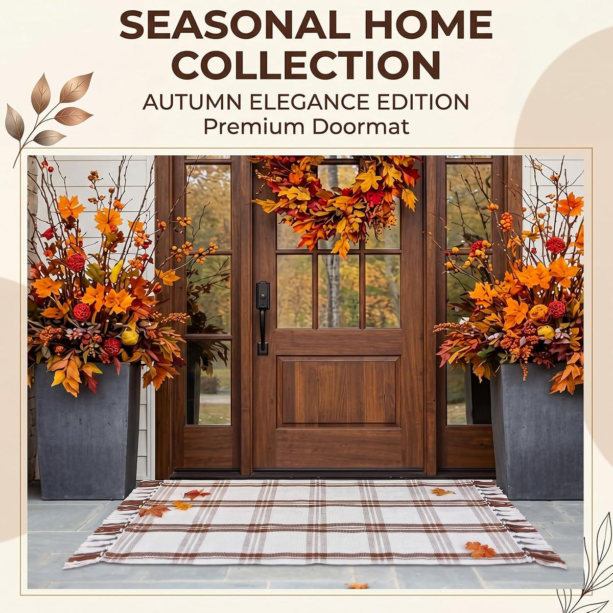Breling Fall Outdoor Rug 28" x 43" Beige Plaid Door Mat with Tassels