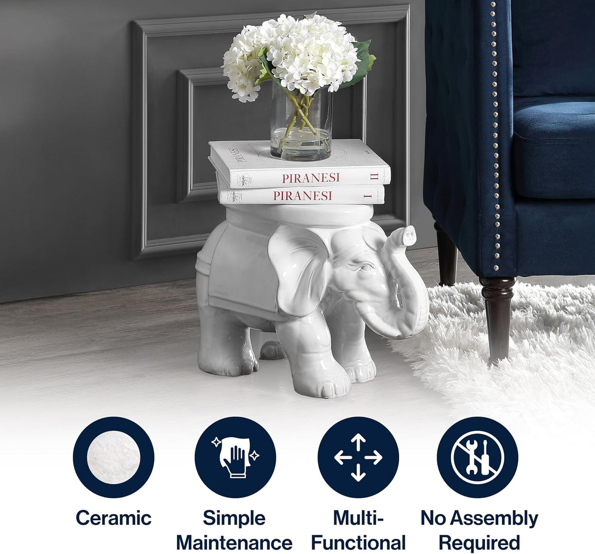 JONATHAN Y White Elephant Ceramic Garden Stool 14.25", Antique White