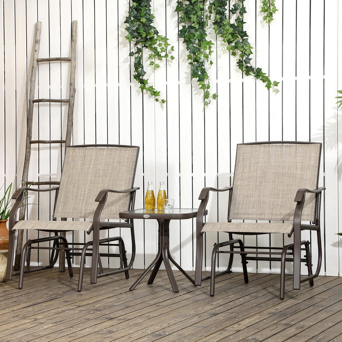 Outsunny 3 Piece Outdoor Glider Chair Coffee Table Bistro Set Mixed Brown