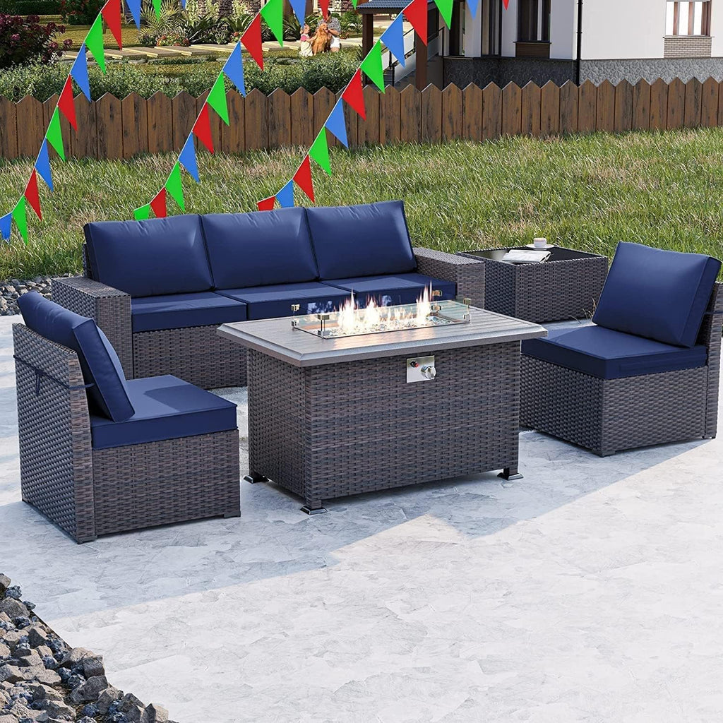 Kullavik 7 Piece Outdoor Wicker Patio Furniture Set with Fire Pit Table