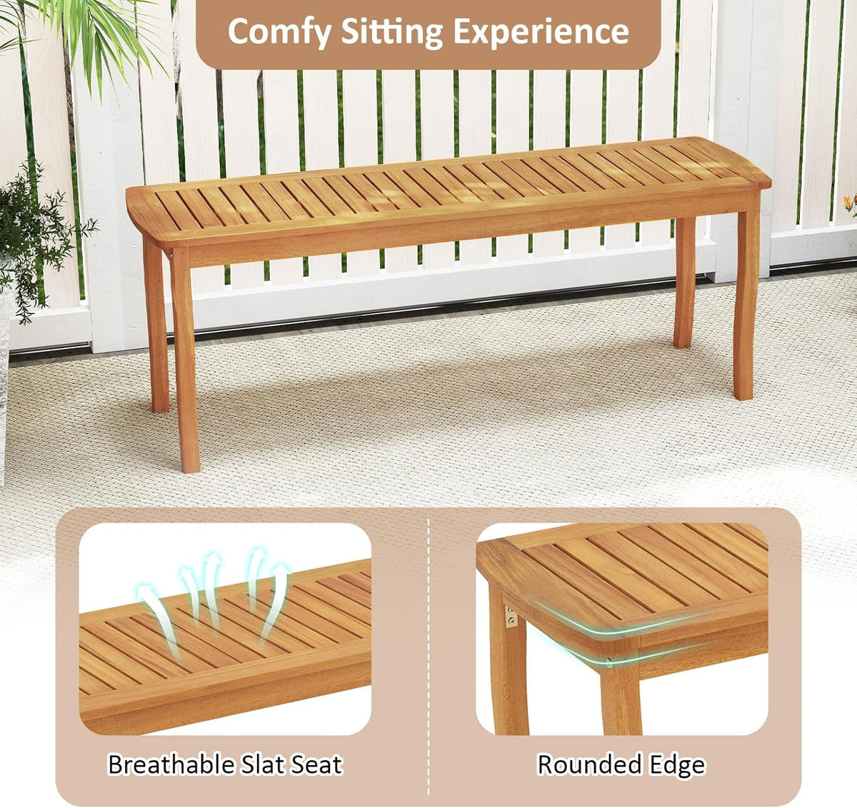 Tangkula Acacia Wood Outdoor Bench, 47" 2-Person Patio Dining Bench with Slatted Seat, Backless Wooden Entryway Bench, Farmhouse Indoor Outdoor Bench for Garden, Poolside, Deck & Park (1,Natural)