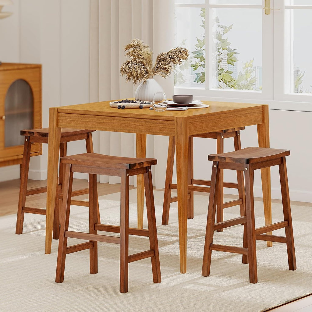 COSTWAY 24-inch Solid Wood Saddle Stools Set of 4 with Footrests, Walnut
