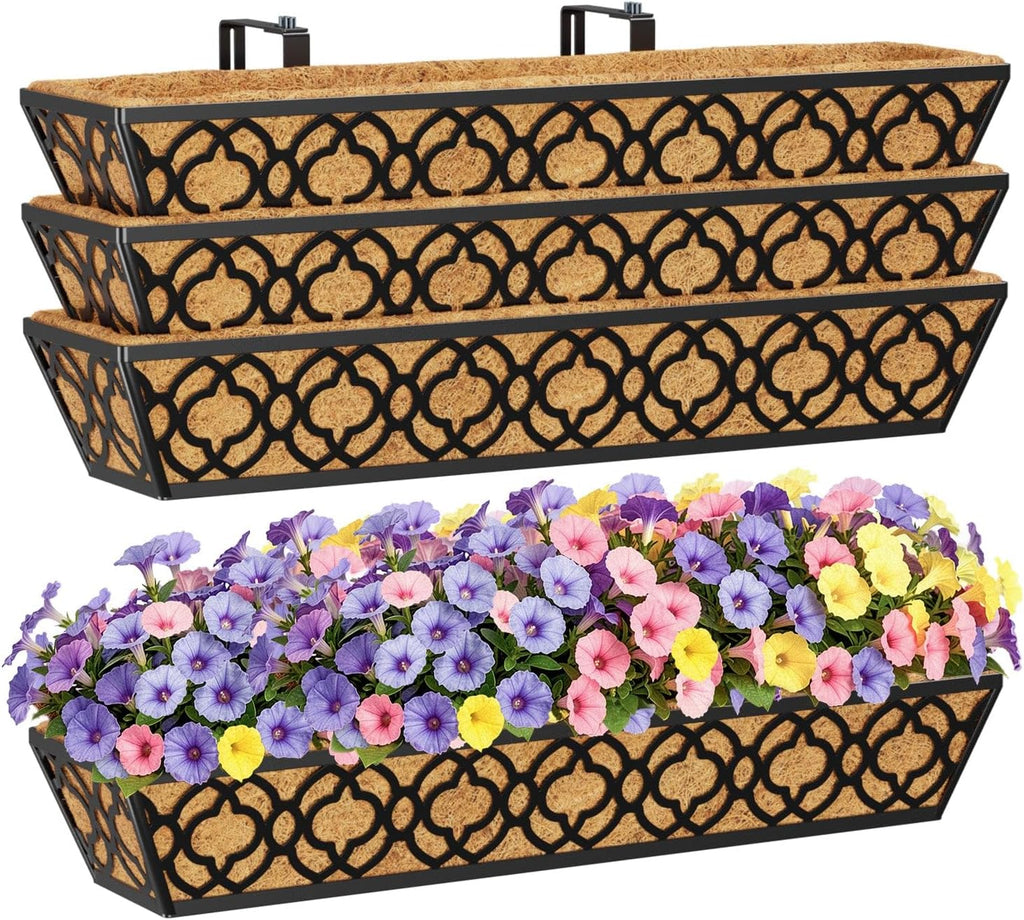 HFHOME 4 Pcs 30" Window Box Deck Railing Planter Box with Horse Trough Coco Liners, Black Metal Hanging Flower Planters Baskets for Indoor, Outdoor, Balcony, Porch, Fence, Patio, and Lawn