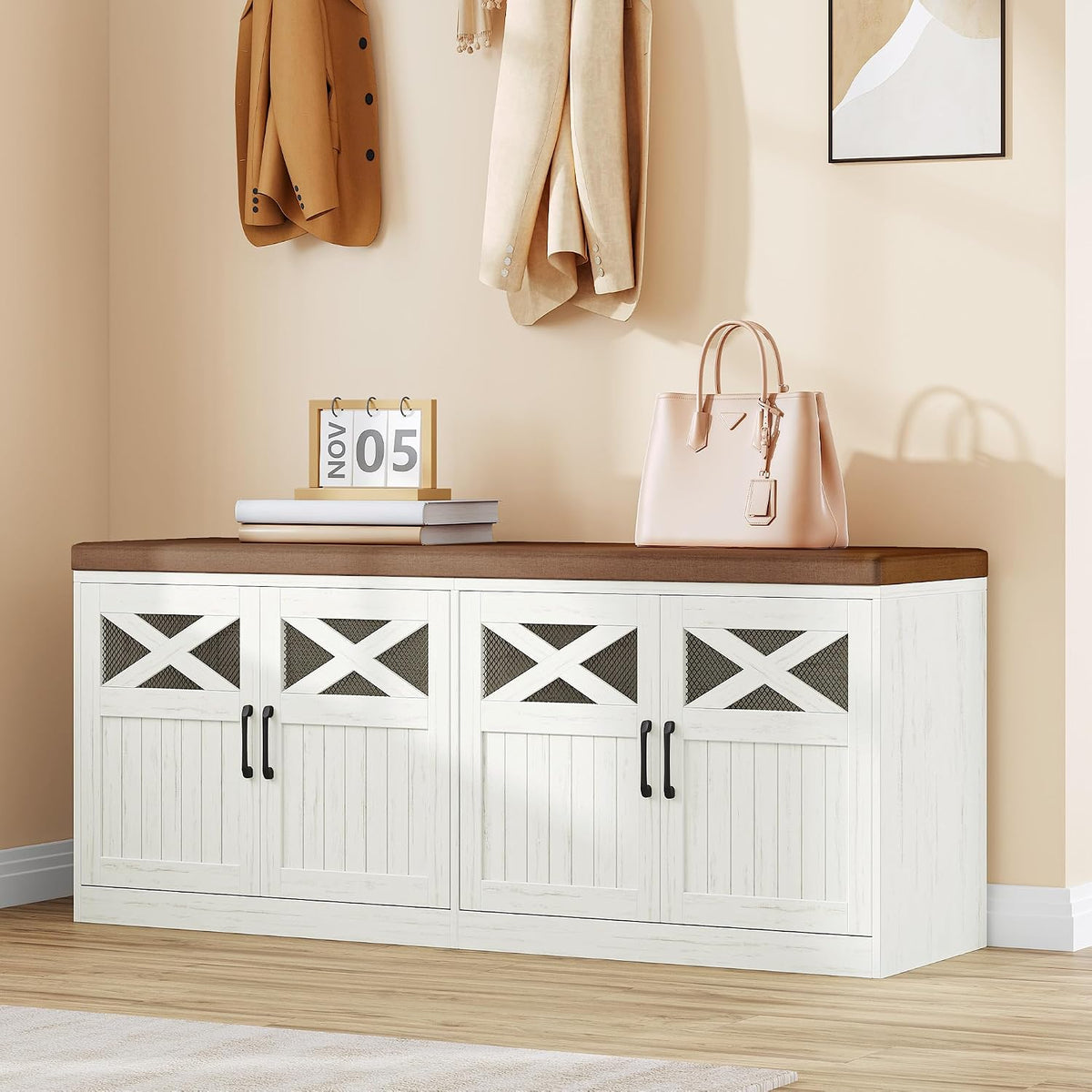 Hzuaneri 47.2" Shoe Storage Bench with 4 Barn Doors & Padded Seat Cushion