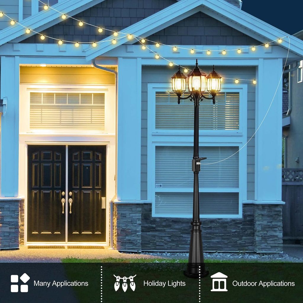 PARTPHONER Outdoor Lamp Post Light with GFCI Outlet, 3-Head Classic Black Light Pole with Glass Panels (3 LED Bulbs Included), Aluminum Waterproof Outside Street Light for Backyard Garden Driveway