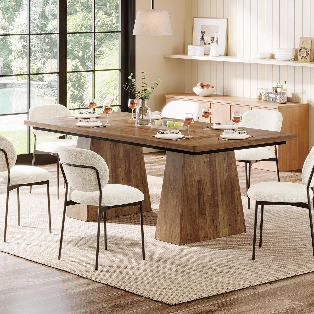 Tribesigns Dining Table for 6, Farmhouse Wood Dinner Rectangular Table Kitchen Table with Double Pedestal, 63" L x 31.5" W x 30" H, Light Brown