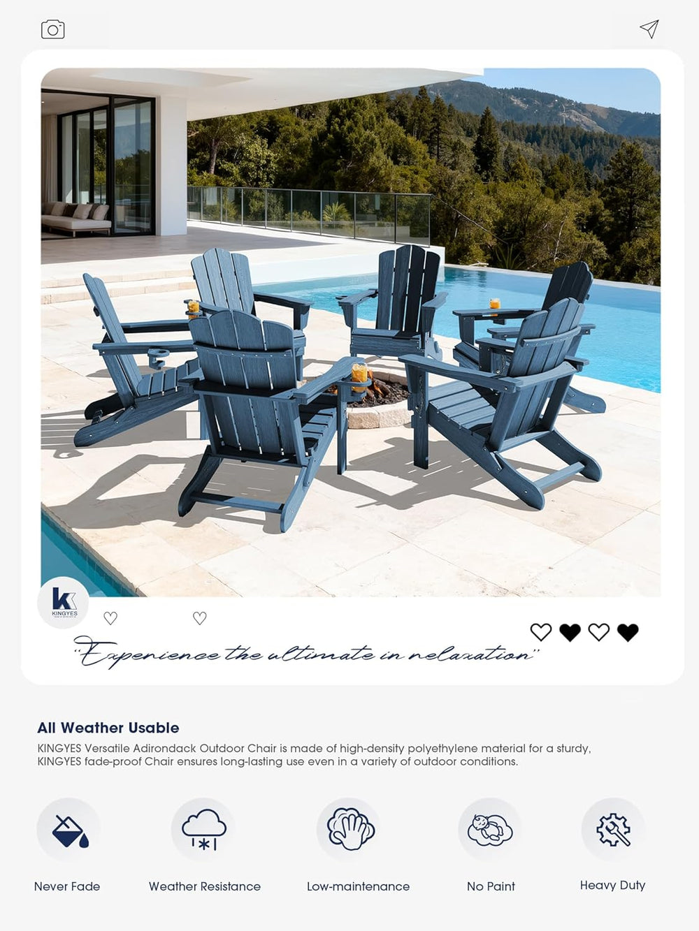 KINGYES Folding Adirondack Chair with Cup Holder, Navy