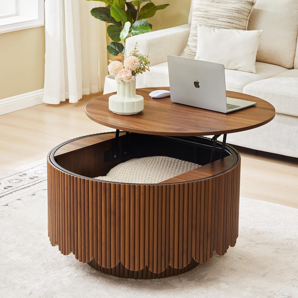 Round Lift Top Coffee Table with Storage, Fluted Circle Coffee Table,Walnut