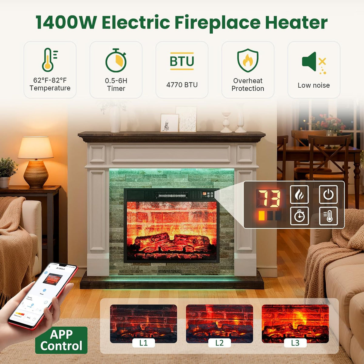 Naice 44" Electric Fireplace Mantel with LED Light & 23in Insert Heater