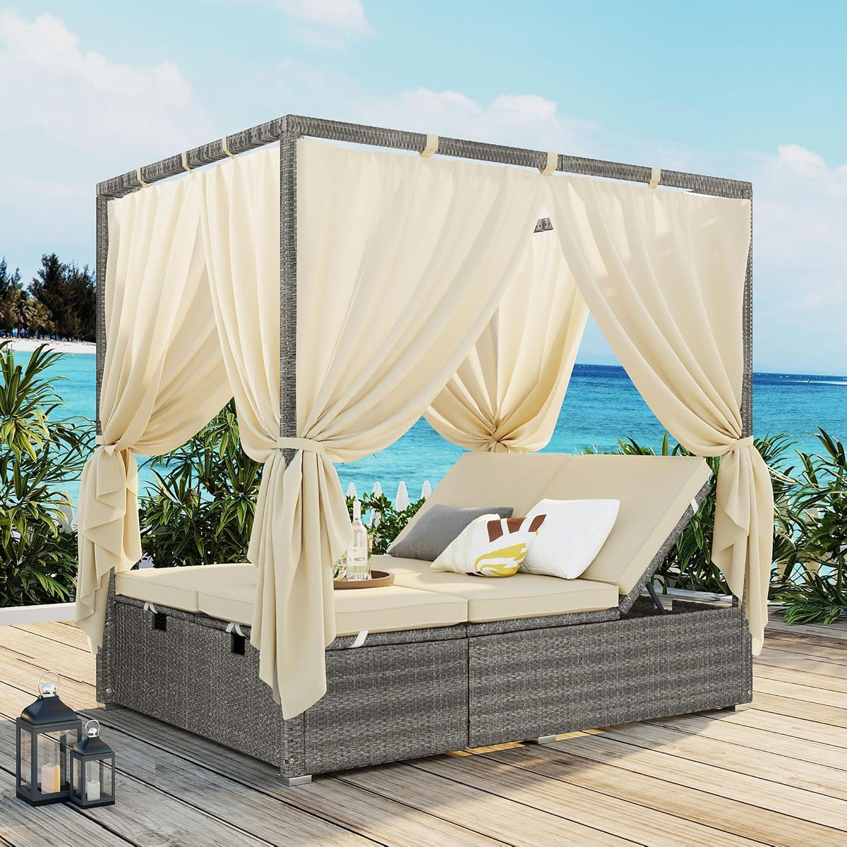 Harper & Bright Designs Adjustable Outdoor Sun Lounger with Canopy,Multi-Position Recline Patio Chair with Removable Cushion,Weather-Resistant Rattan Chaise Lounge for Poolside,Garden & Terrace,Beige