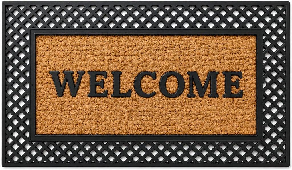 Gardenised Natural Coir and Non-Slip Rubber Doormat with Embossed Welcome Design Coconut Fiber Floor Mat for Front Door Porch Patio Entryway Garage Mudroom & Use 18x30, Modern Welcome