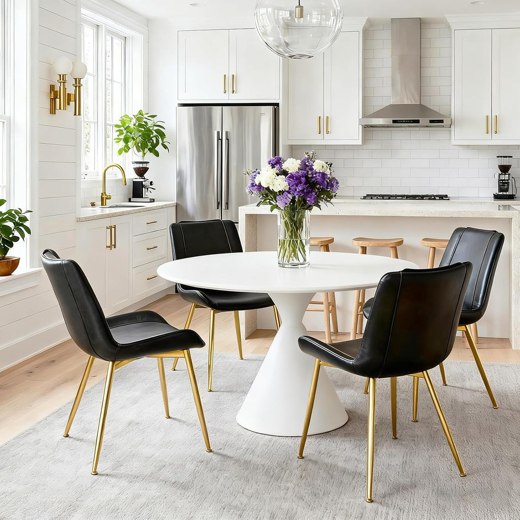 Dining Chairs Set of 2, PU Leather Armless with Metal Legs Black, Gold Legs