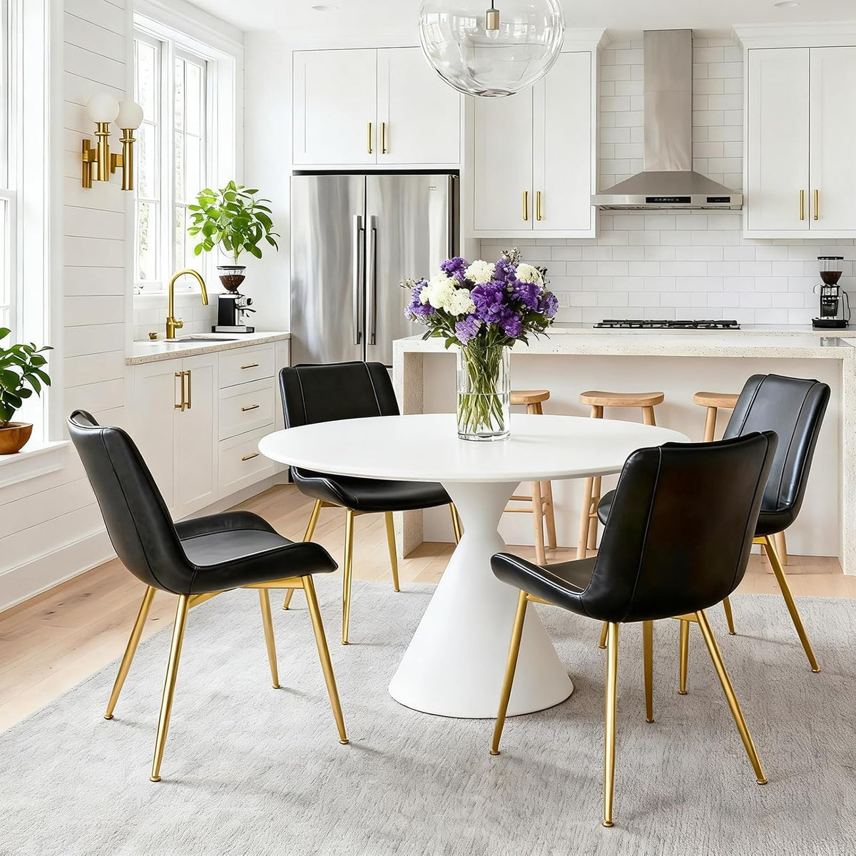 Dining Chairs Set of 2, PU Leather Armless with Metal Legs Black, Gold Legs
