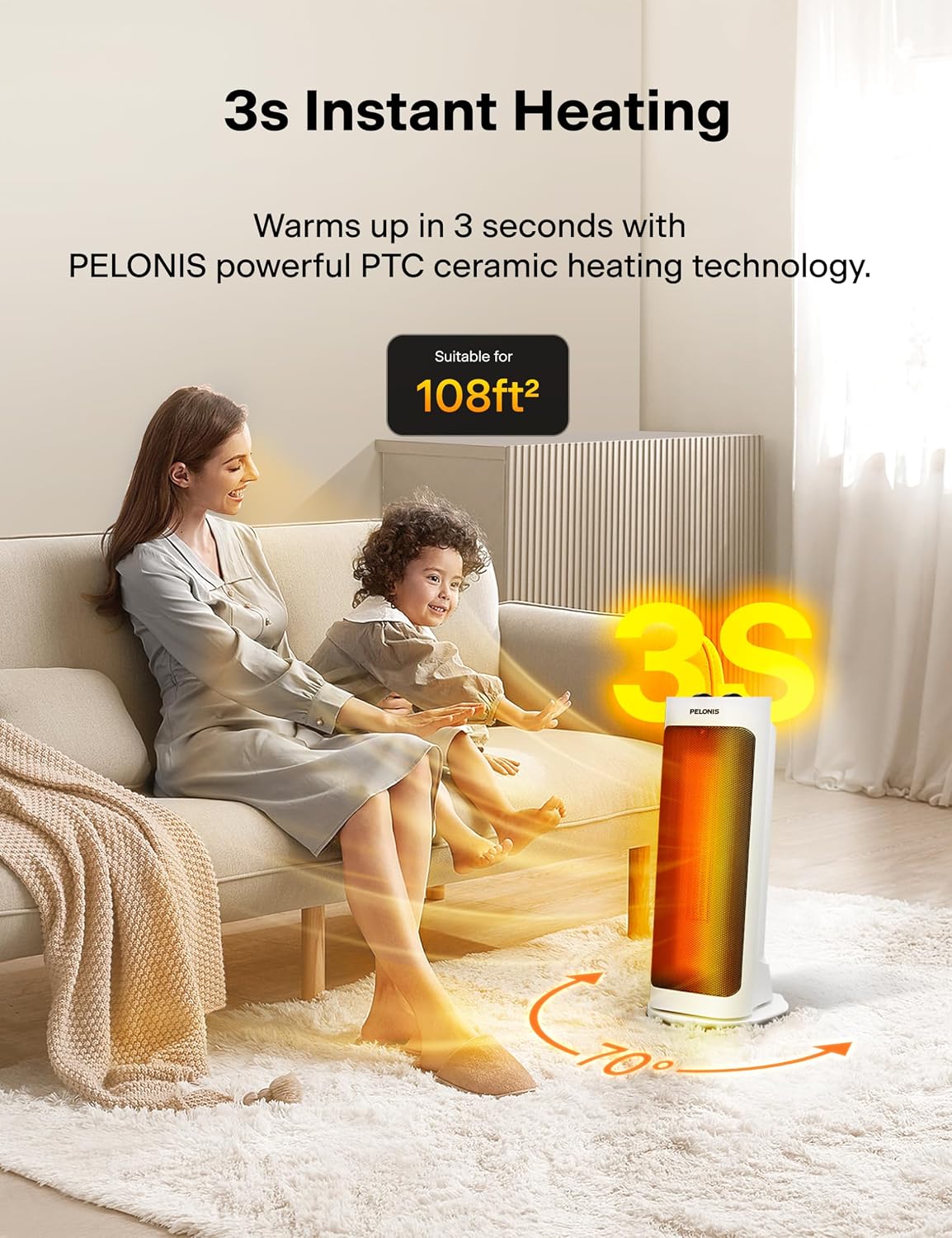 PELONIS PH-19J 1500W Fast Heating, Programmable Thermostat, Easy Control, Widespread Oscillation, Over Heating & Tip-over Switch Protection, 17.767.72inch, White
