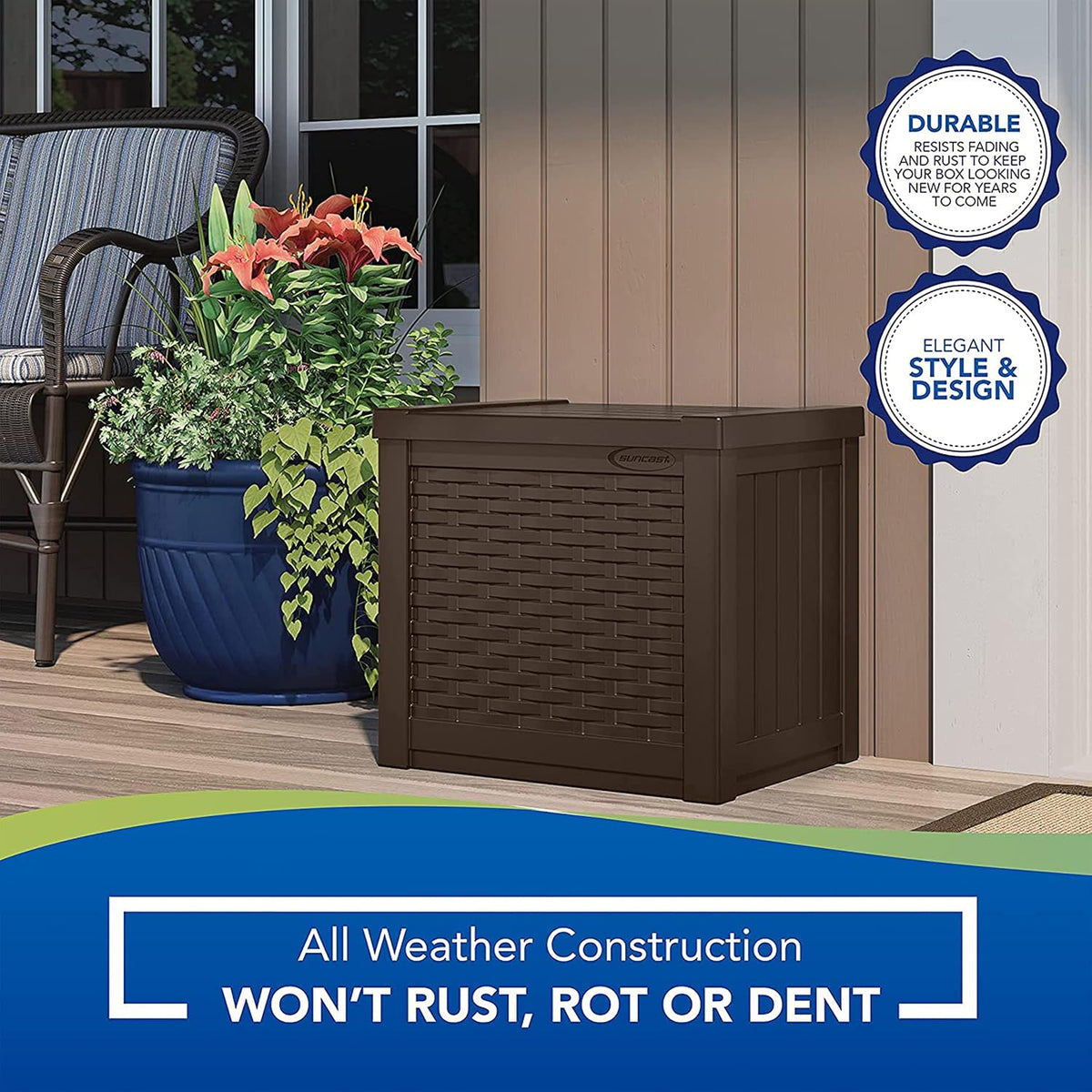 Suncast 22 Gal, Small Outdoor Storage Deck Box, Java Resin, Flat Lid