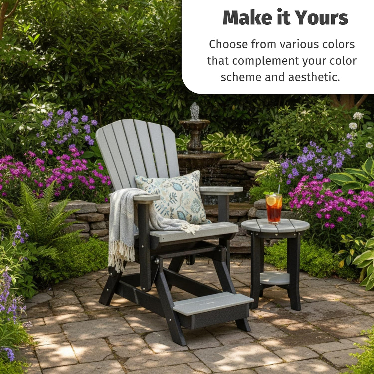 DutchCrafters Slat Fan Back Poly Balcony Adirondack Glider with Footrest Outdoor Patio Chair (Black & Aruba Blue)