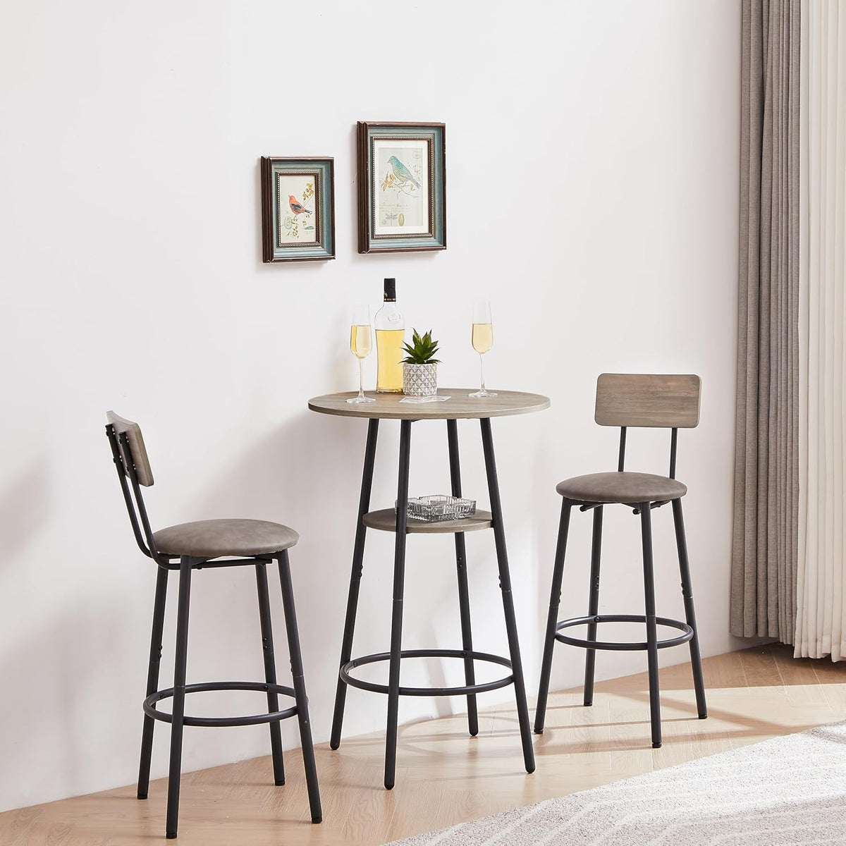 3 Piece Round Bar Table Set with Storage Shelf, Bistro Pub Counter Height Table and 2 Upholstered High Stools, Industrial Kitchen Breakfast Nook for Dining Room, Small Space, Gray