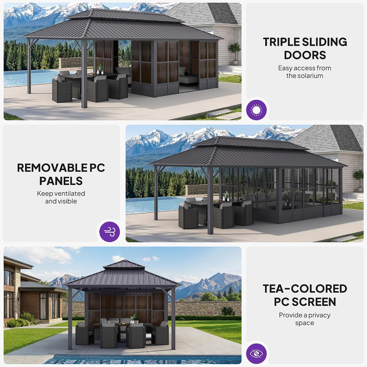 PURPLE LEAF Extended Solarium 12' x 24' 4 Season Screened Gazebo, Grey