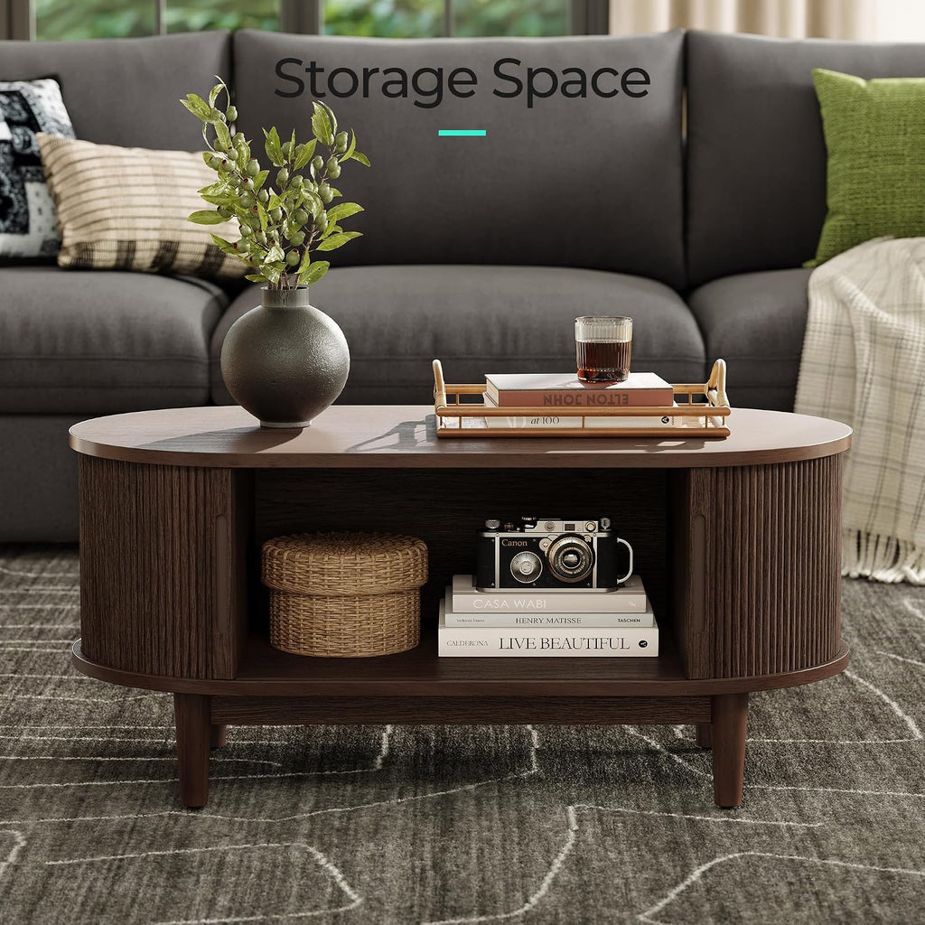 LINSY HOME Oval Coffee Table, Wood Coffee Table with Storage, Fluted Accent Center Table with Sliding Tambour Door, 39" Mid Century Modern Coffee Tables for Living Room, Bedroom, Apartment, Walnut