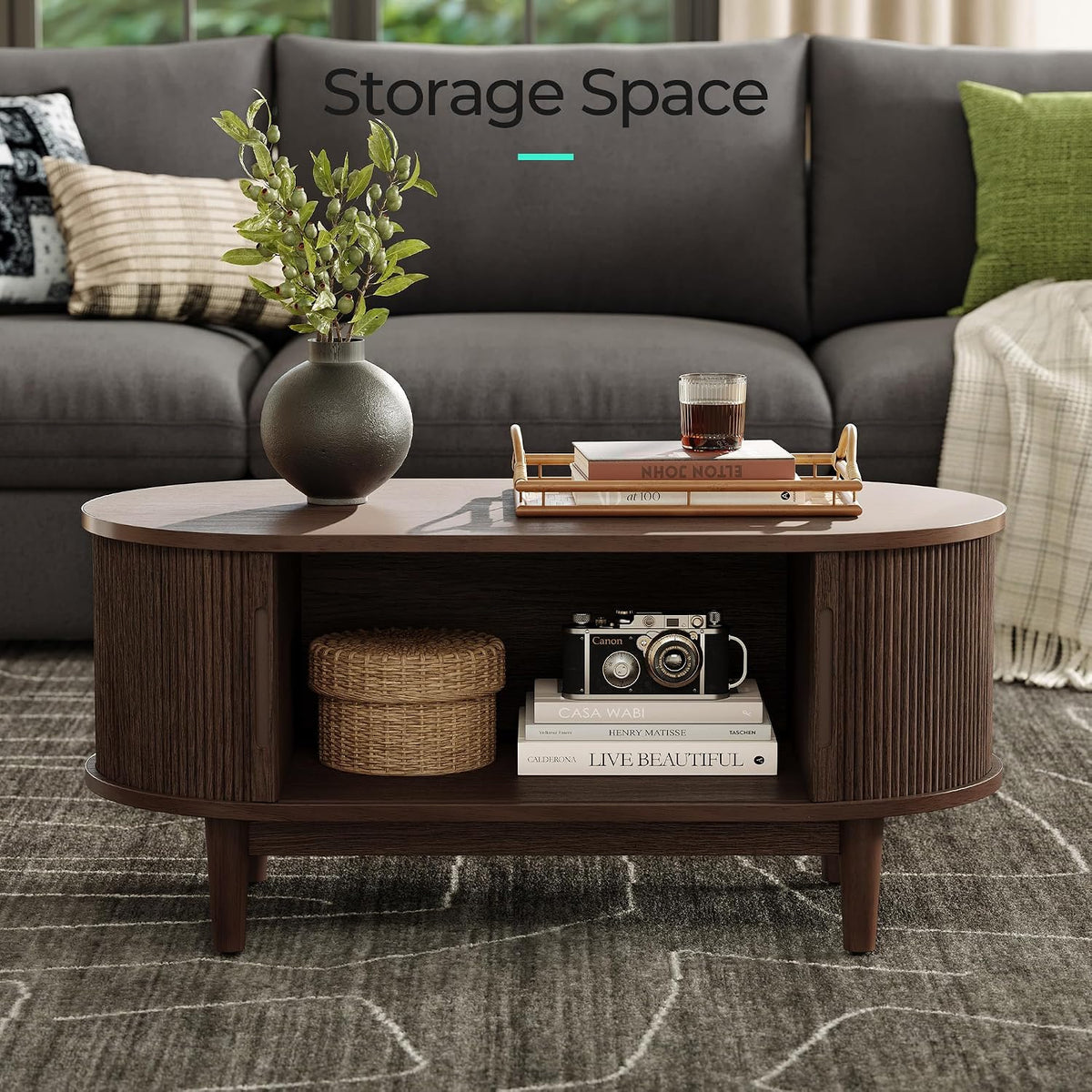 LINSY HOME Oval Coffee Table, Wood Coffee Table with Storage, Fluted Accent Center Table with Sliding Tambour Door, 39" Mid Century Modern Coffee Tables for Living Room, Bedroom, Apartment, Walnut