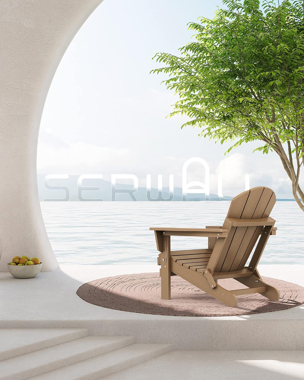 SERWALL Folding Adirondack Chair Set of 2, Cup Holder, Wood Texture -Brown