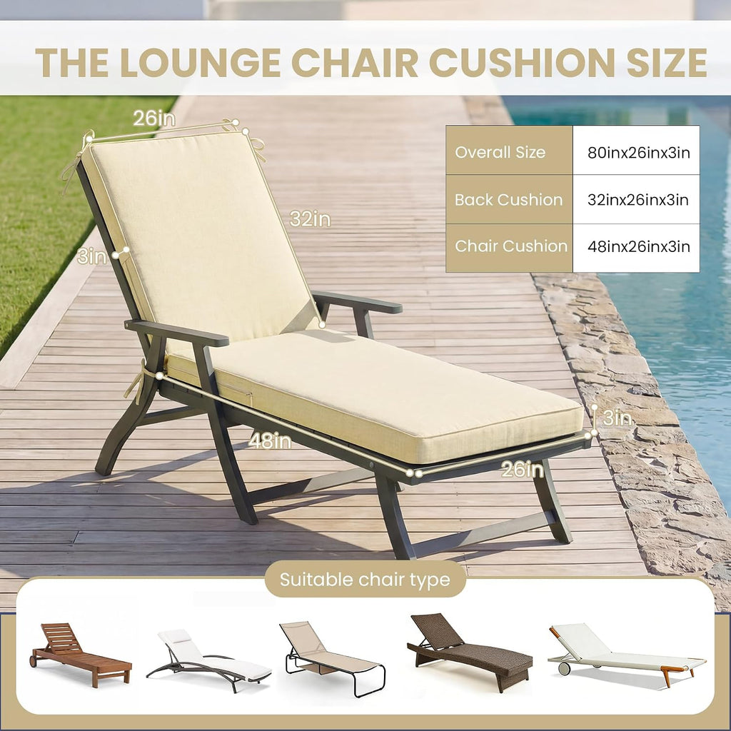 Chaise Lounge Cushions Outdoor, 80 x 26 x 3 Inch Water-Resistant Beige
