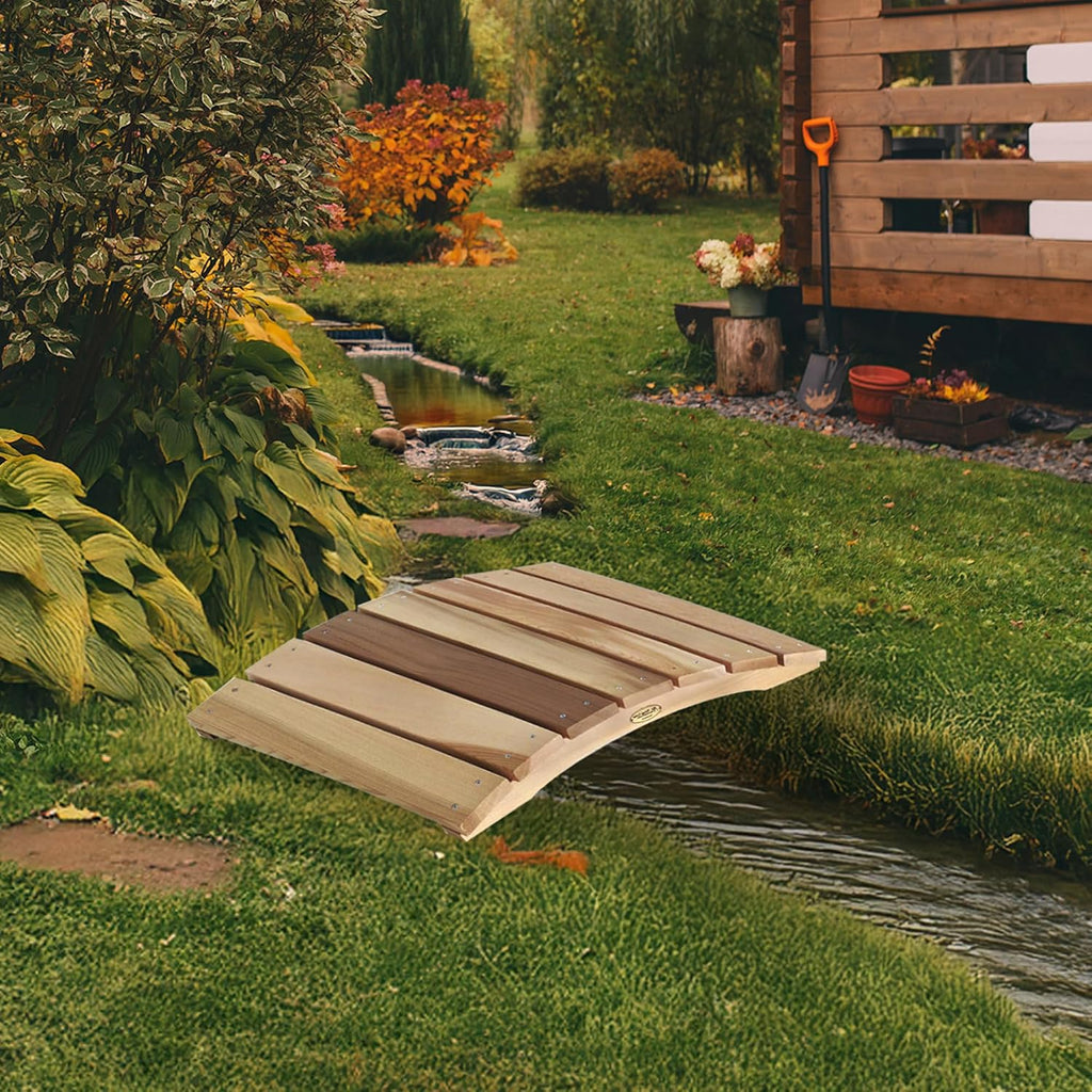 All Things Cedar Outdoor Wooden Garden Bridge for Walkway, Backyard Pond, 2’, Natural