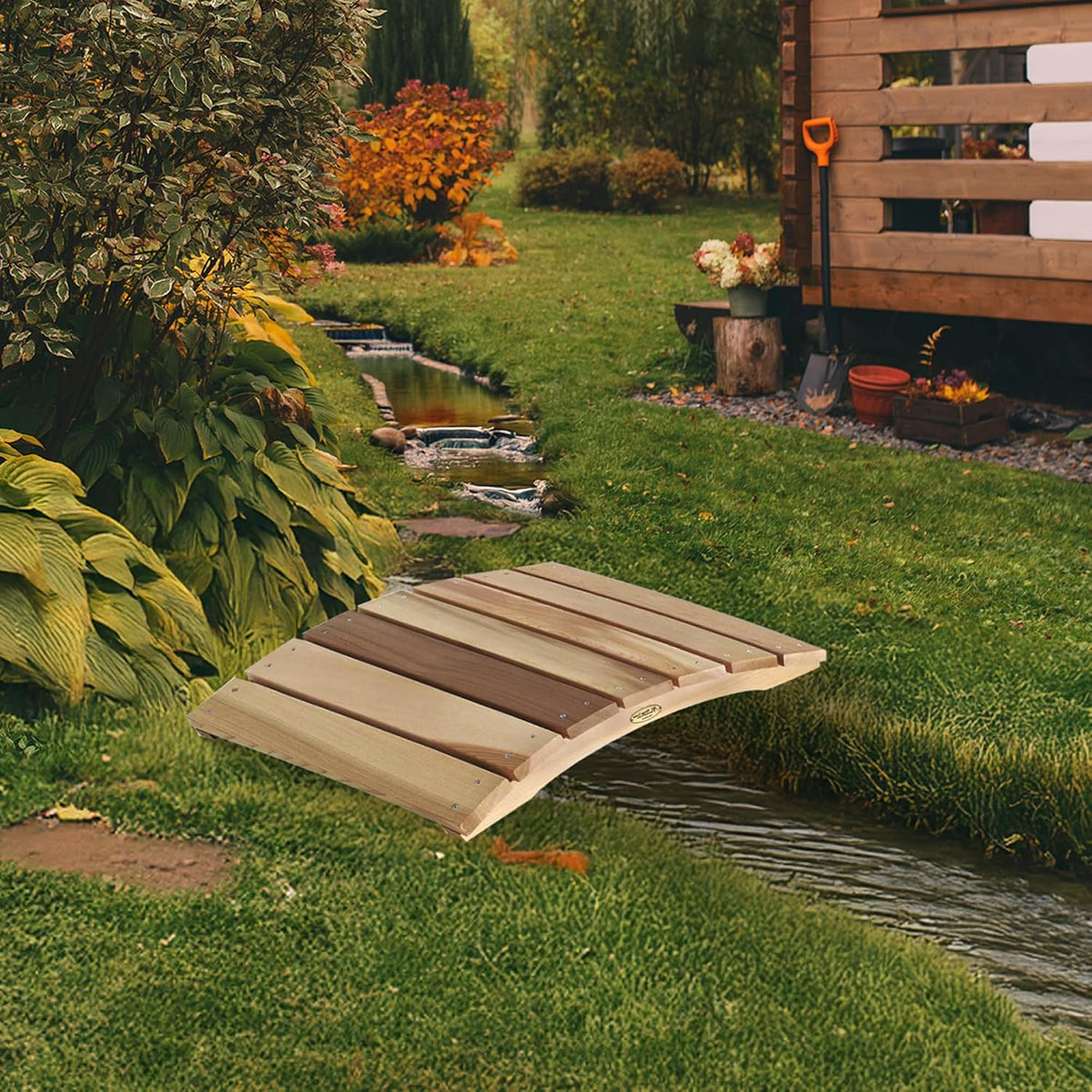 All Things Cedar Outdoor Wooden Garden Bridge for Walkway, Backyard Pond, 2’, Natural
