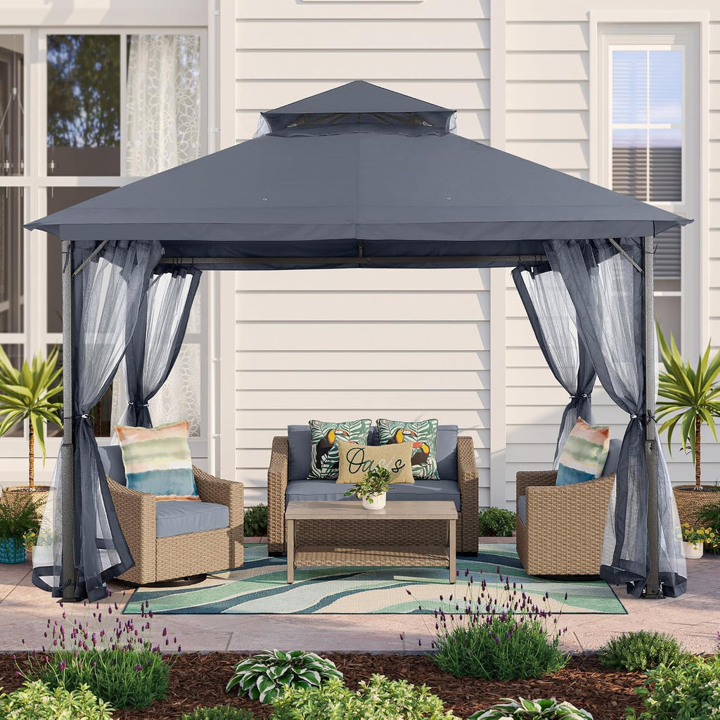 MASTERCANOPY 11x11 ft Stable Patio Gazebo with Netting Walls, Dark Gray