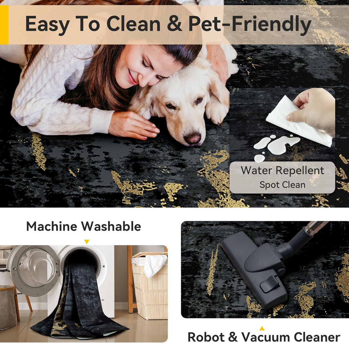 RELEANY Washable 8'x10' Abstract Area Rug for Living Room Black Gold