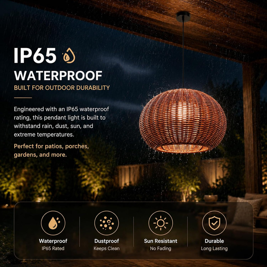 24 inch outdoor rattan pendant light for balcony, front angle view