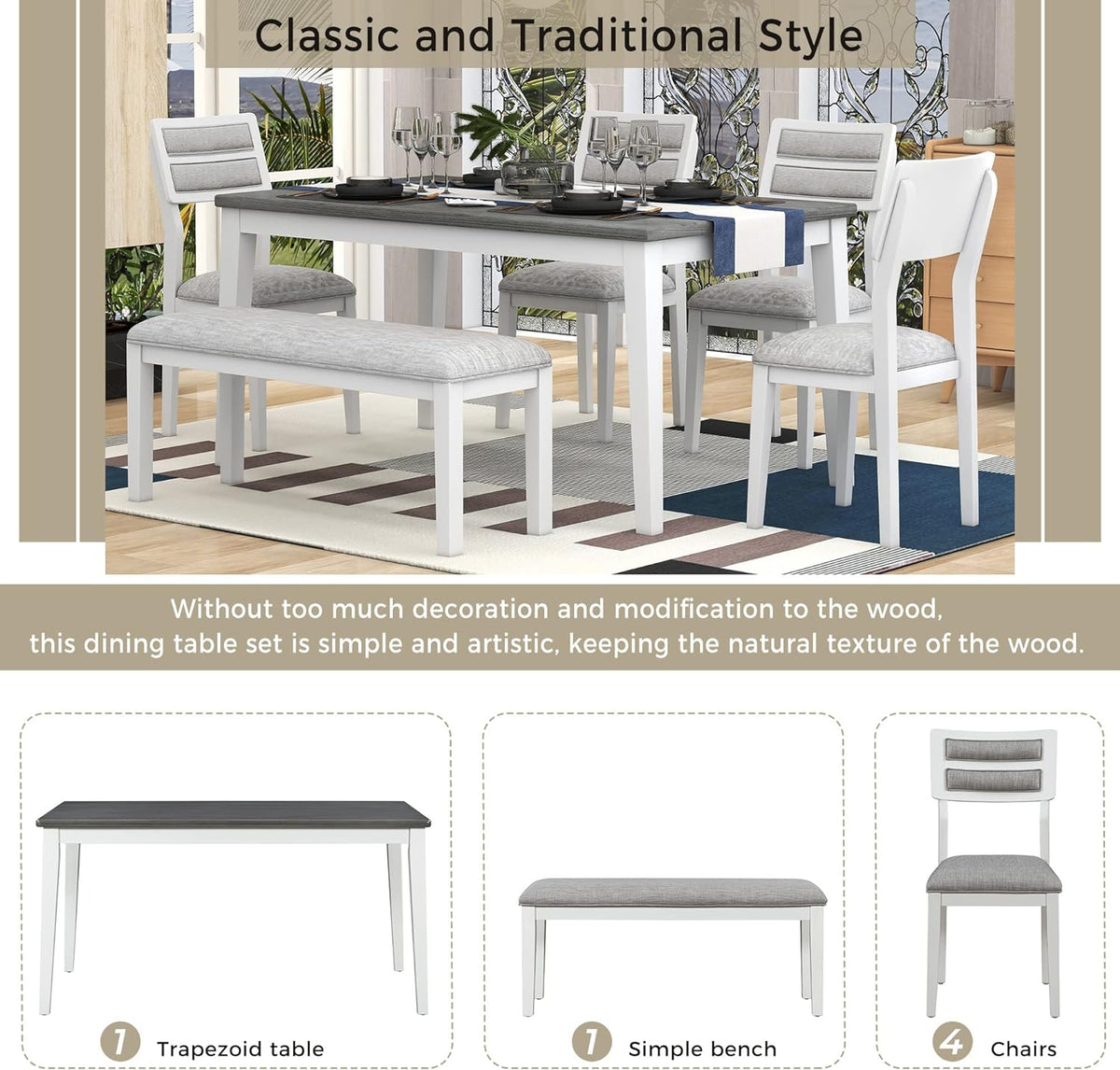 Harper & Bright Designs Classic and Traditional Style 6 - Piece Dining Set, Includes Dining Table, 4 Upholstered Chairs & Bench (White+Gray), (ST000043AAK-MZJ)