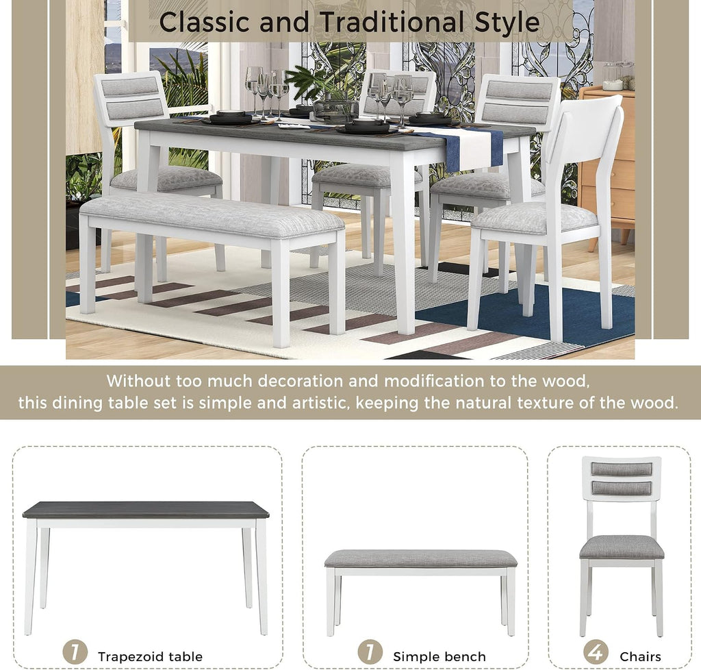 Harper & Bright Designs Kitchen Dining Table Set for 6, Classic and Traditional Style 6 Piece Kitchen Dining Table Set, 4 Upholstered Chairs & Bench (White+Gray)