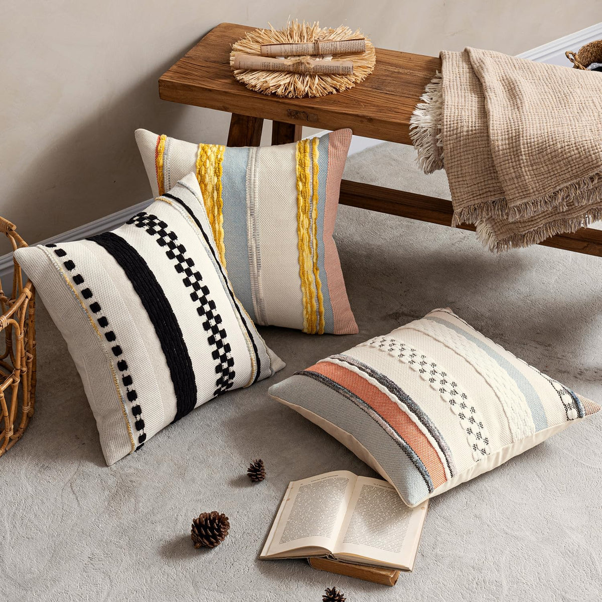 ANRODUO Boho Decorative Pillow Covers 18x18 Inch Black Stripe Pack of 2
