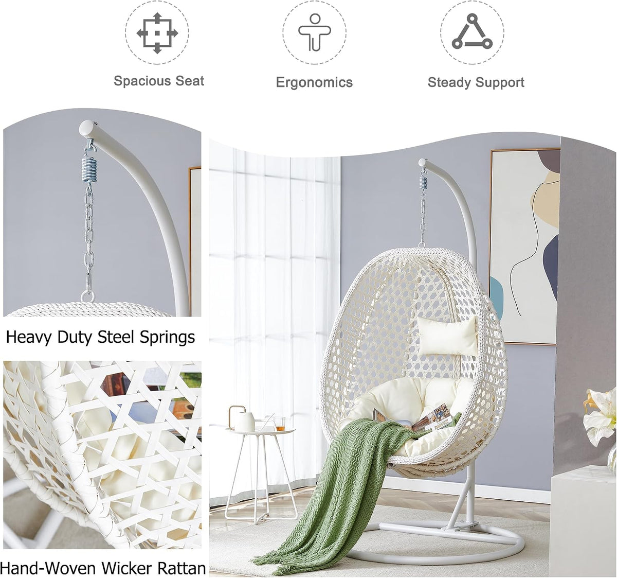 JUFU Egg Chair with Stand, Indoor and Covered Outdoor Hanging Egg Swing Chair with Removable Cushion and Headrest, 350 lb Capacity for Patio, Balcony, Porch, Bedroom, White