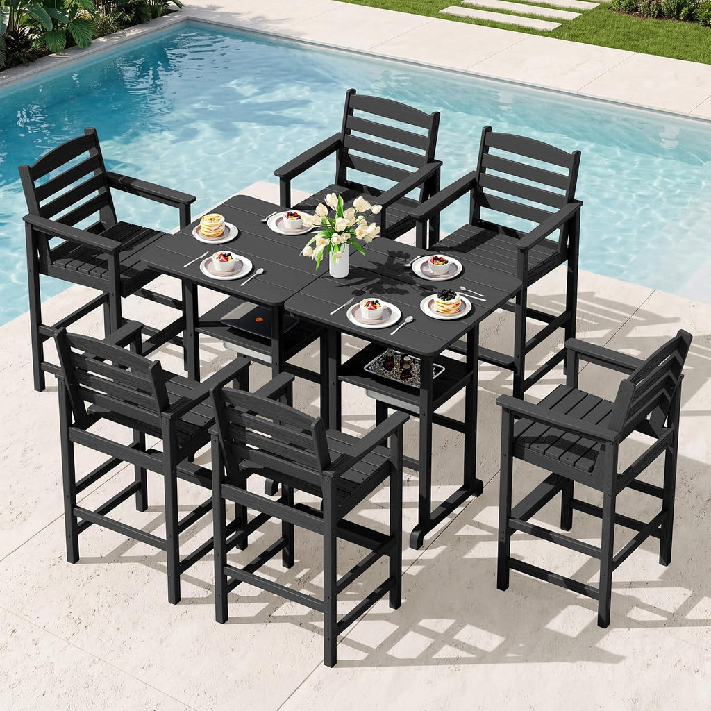 SERWALL 8 Pieces Outdoor Bar Chairs Table with Ice Bucket Set, Black
