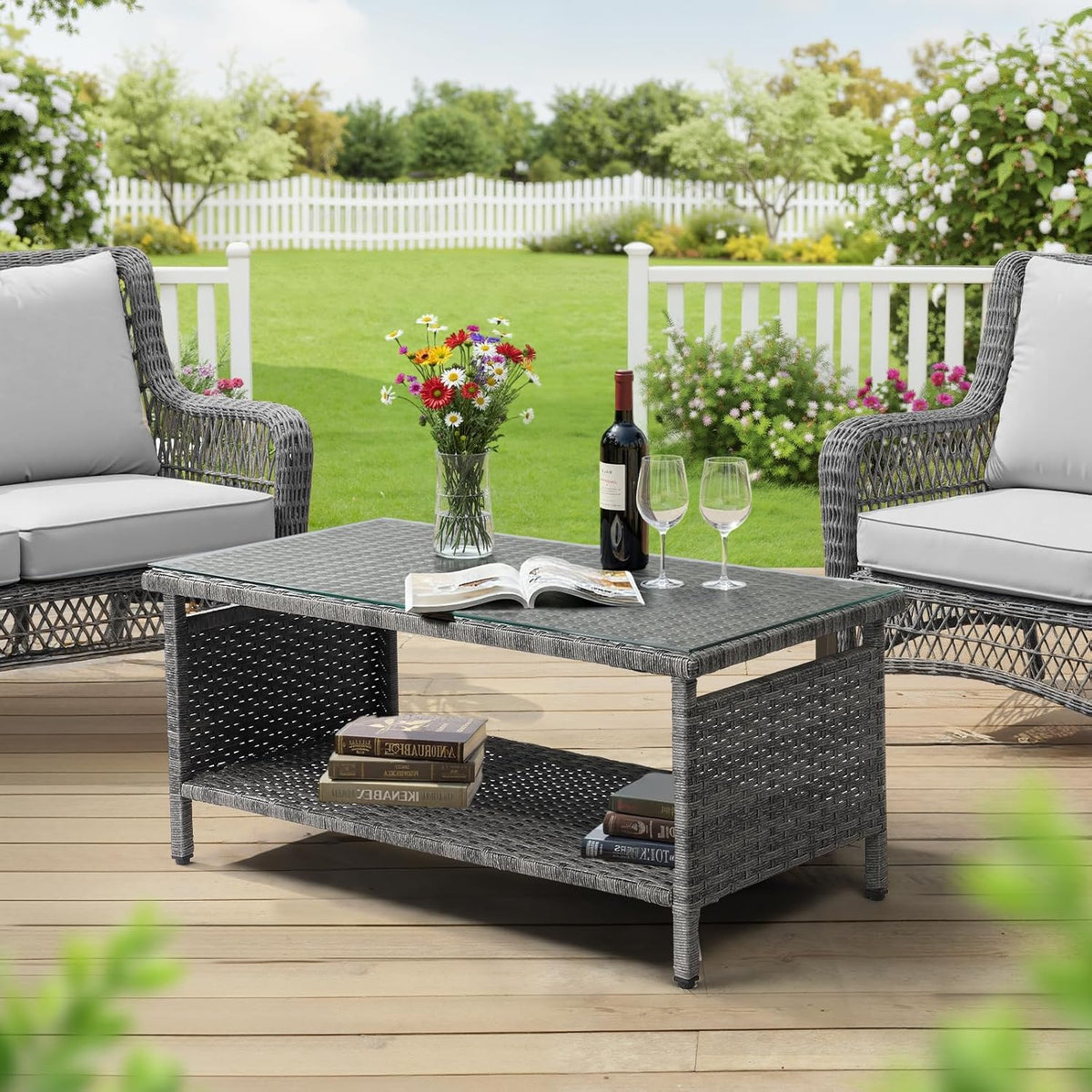 VINGLI Outdoor Wicker CoffeeTable Patio Coffee Tables for Outside, Tempered Glass Top Wicker Table with Storage Coffee Table for Patio Balcony Porch Deck (Gray)