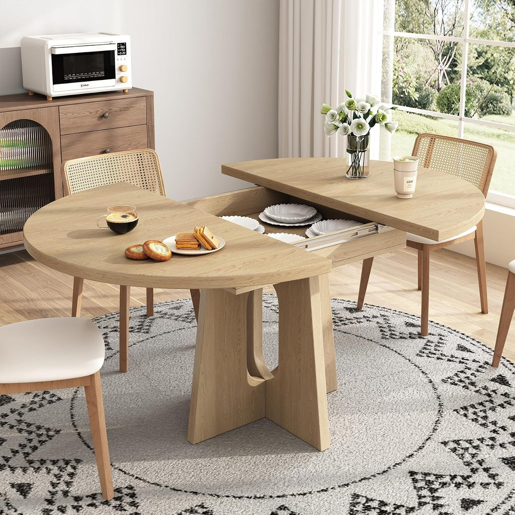Epecoya 59-Inch Extendable Round Dining Table for Dining Room, Light Oak