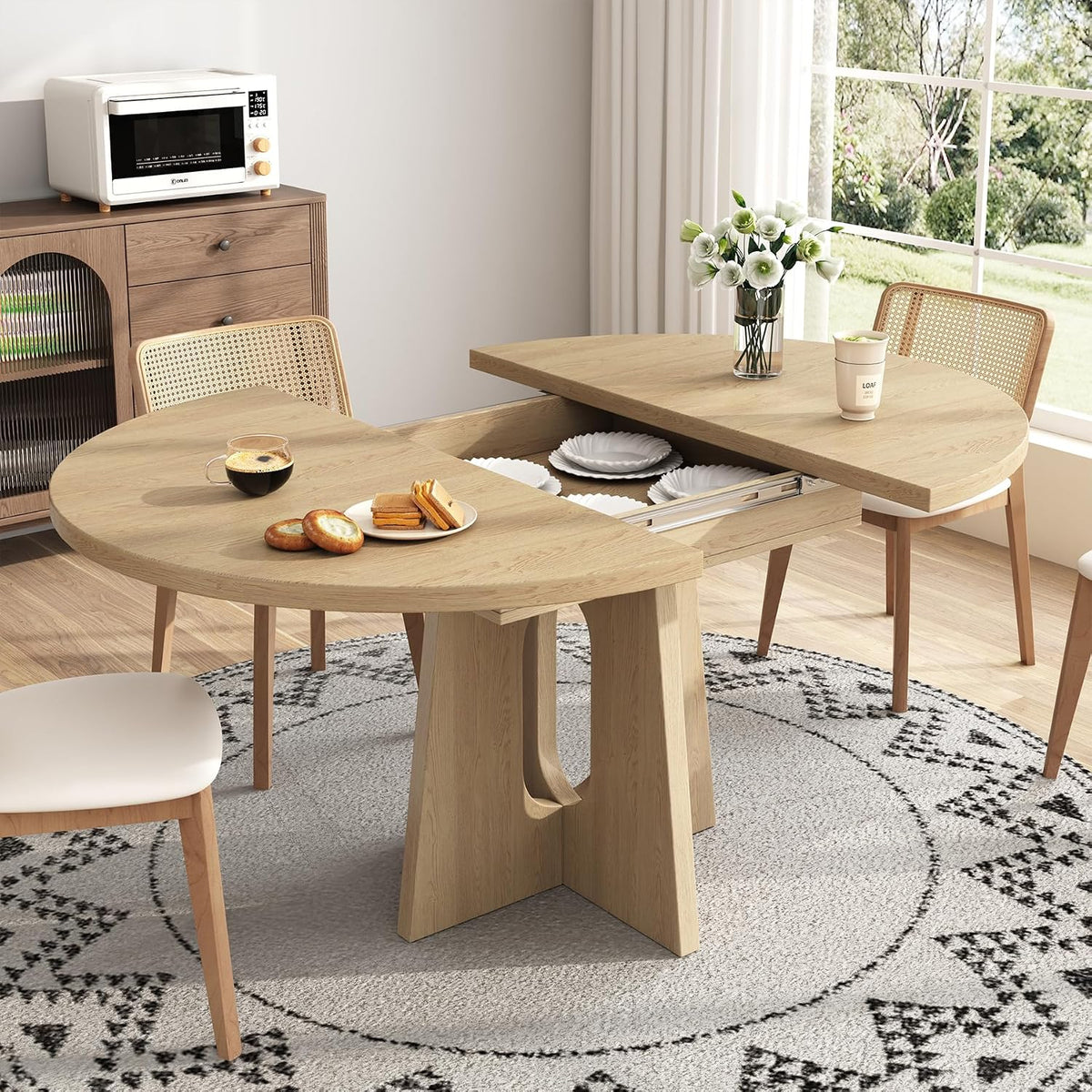 Epecoya 59-Inch Extendable Round Dining Table for Dining Room, Light Oak