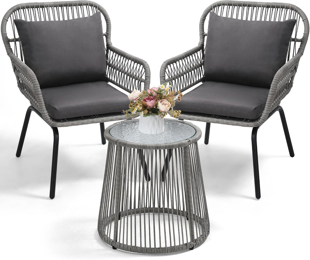 wildformers 3 Pieces Rattan Wicker Bistro Set, Patio Conversation Set, Grey