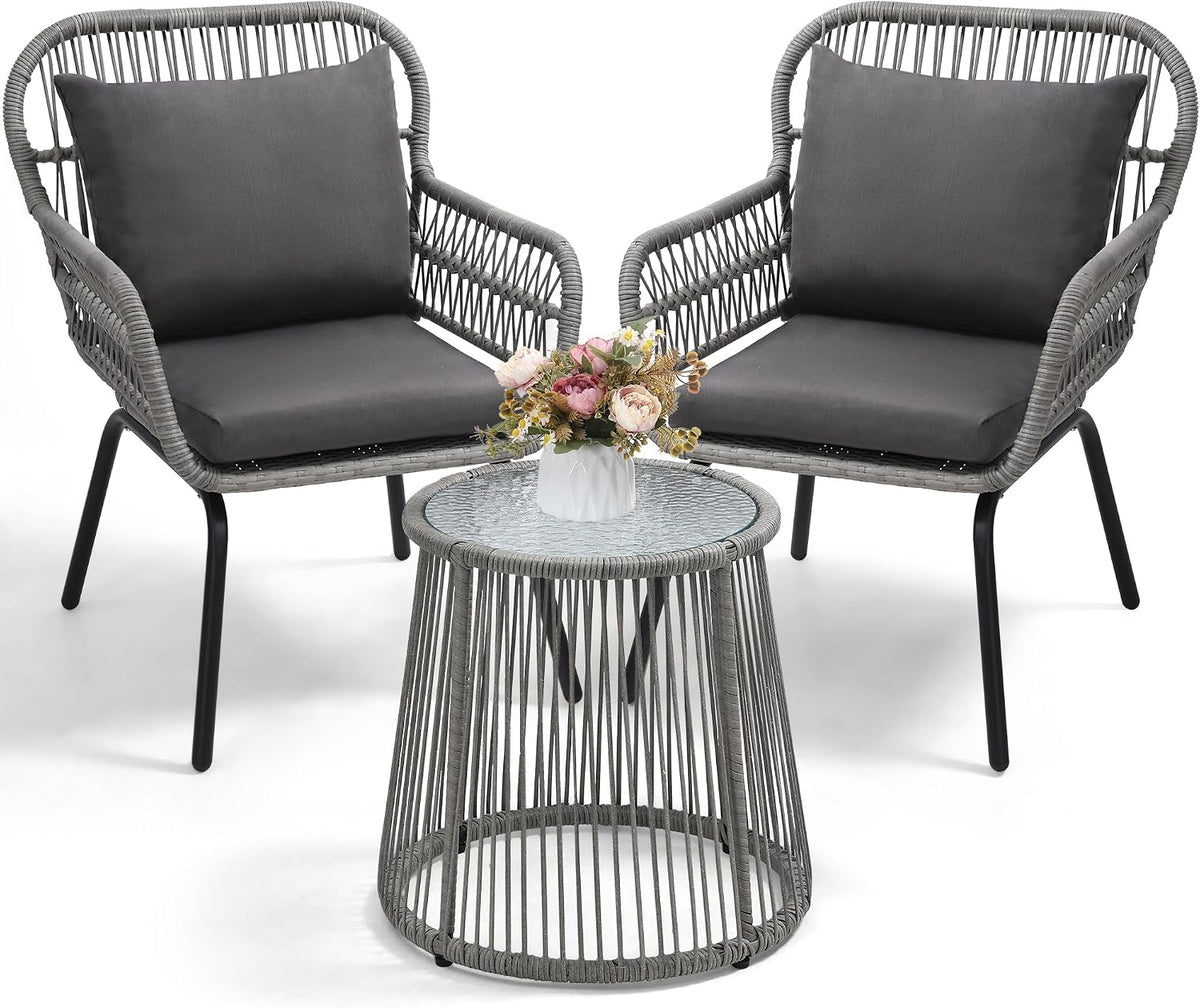 wildformers 3 Pieces Rattan Wicker Bistro Set, Patio Conversation Set, Grey