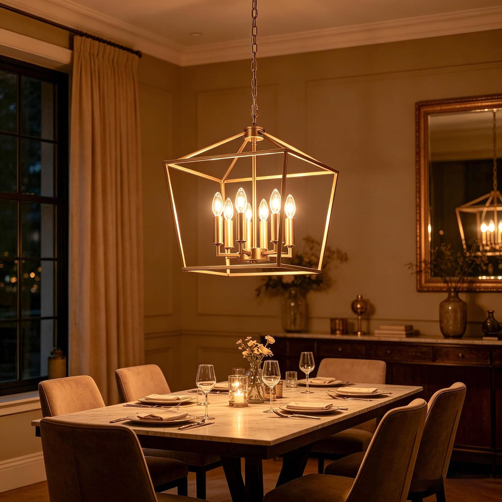 gold farmhouse chandelier, 6-light lantern pendant light fixture, close-up detail