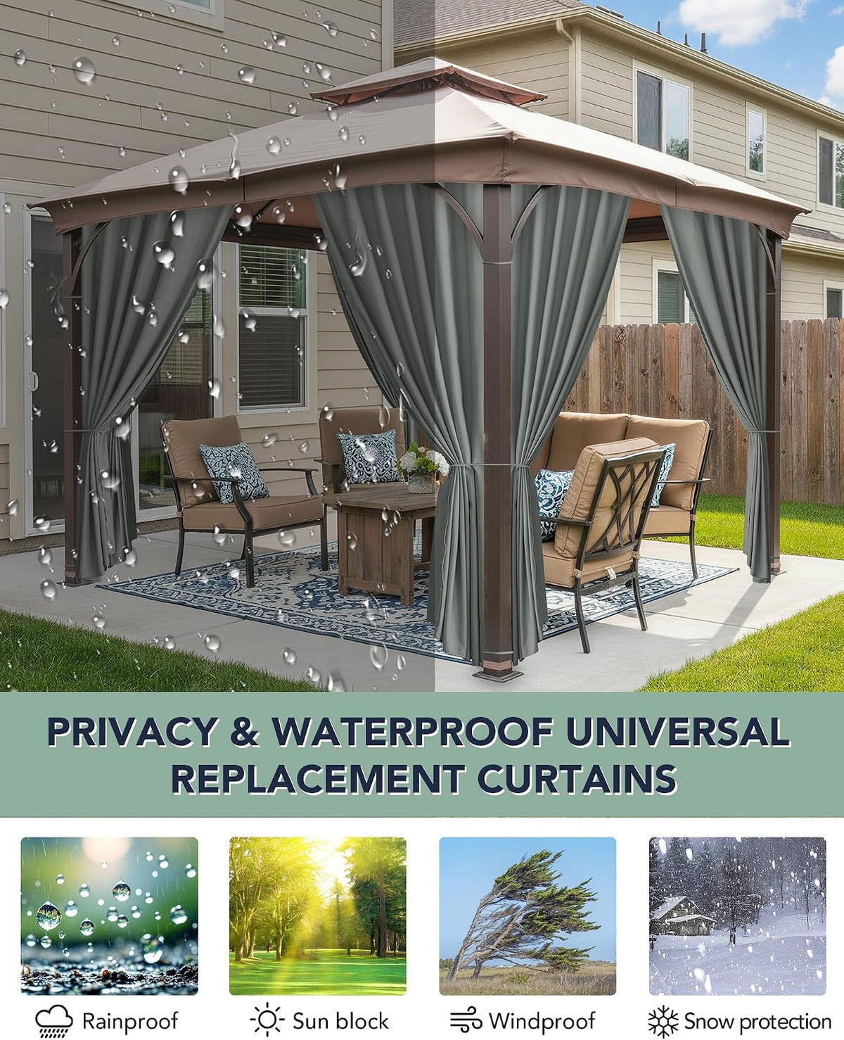 Patio Curtains Outdoor Waterproof with Zipper, 4-Panel, Grey